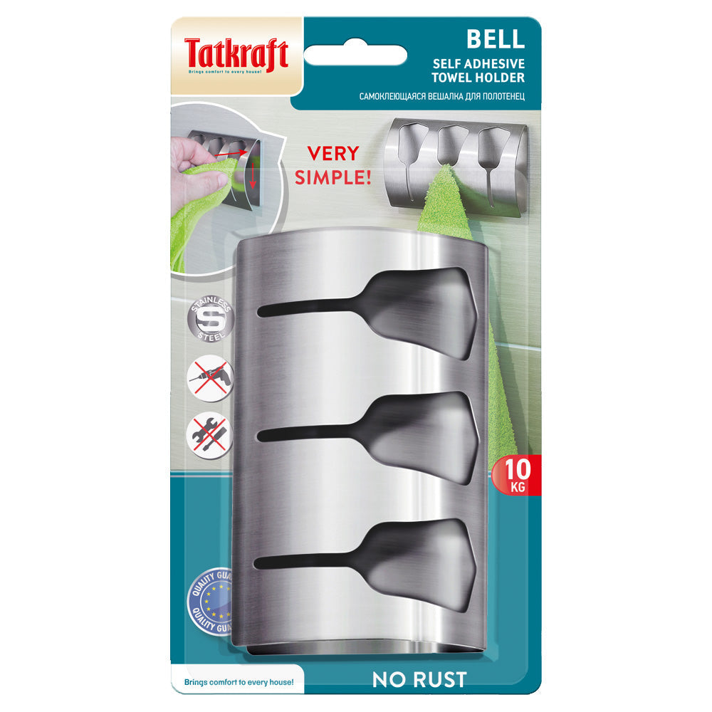 Porta asciugamani triplo autoadesivo in acciaio inox, ganci porta asciugamani, Tatkraft Bell, 1