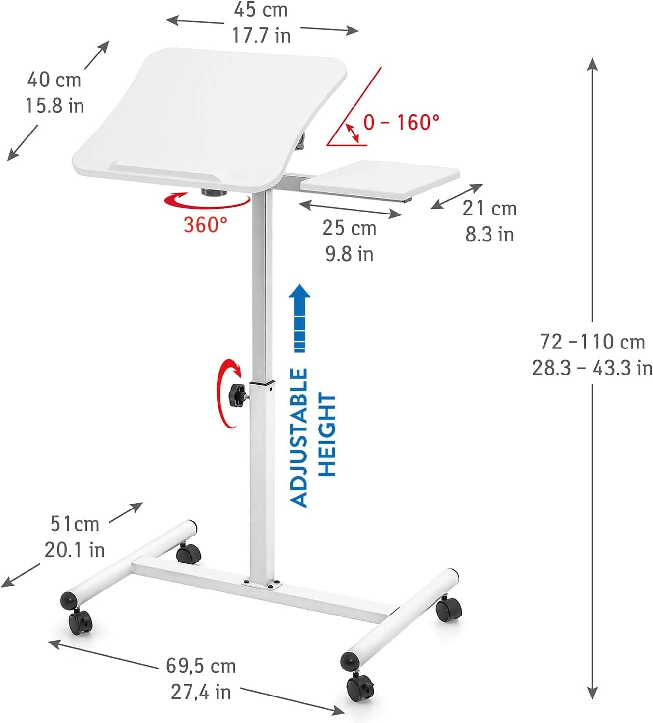 Bureau pour ordinateur portable, Le dessus de table 45x40cm aux ordinateurs portables de 7 à 17", Tatkraft Bianca