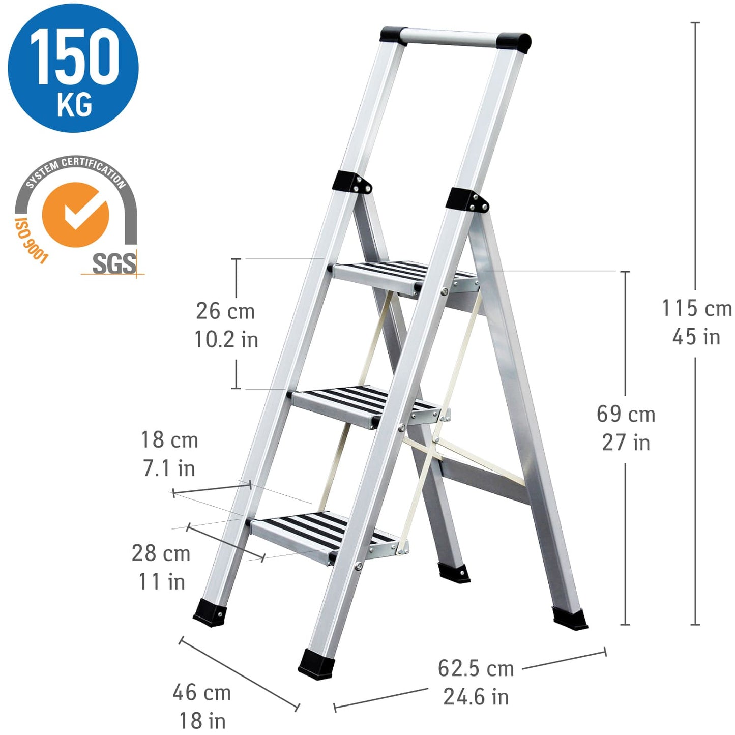 Aluminium 3 Step Folding Ladder, Anti-Slip Steps and Feet, Holds Up to 150 kg, Tatkraft Adamant, 3