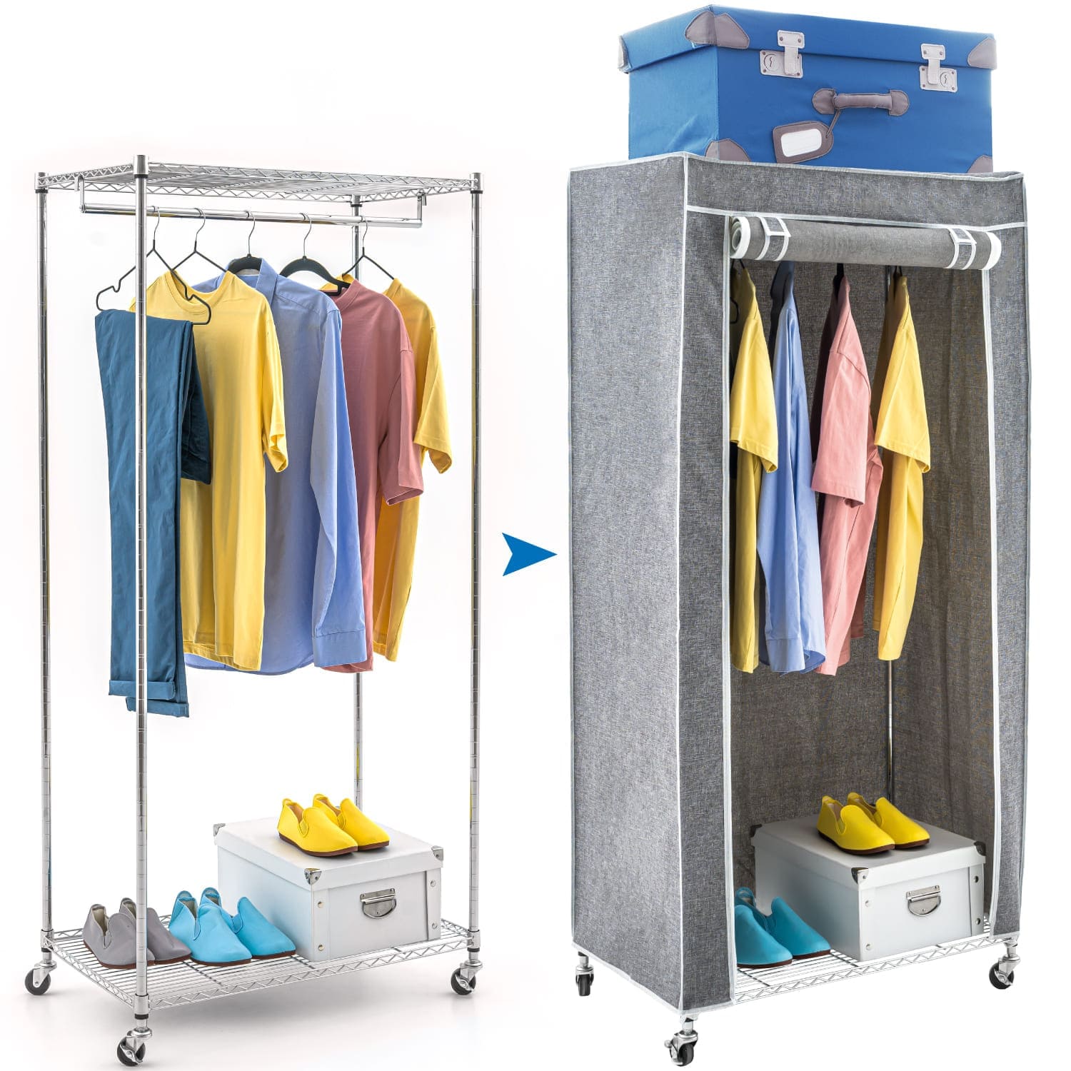 Stoffschrank, Faltschrank Stabil, Schwerlast Kleiderständer, bis 70kg, Kleiderschrank auf Rollen, Grau, art moon Buffalo, 1