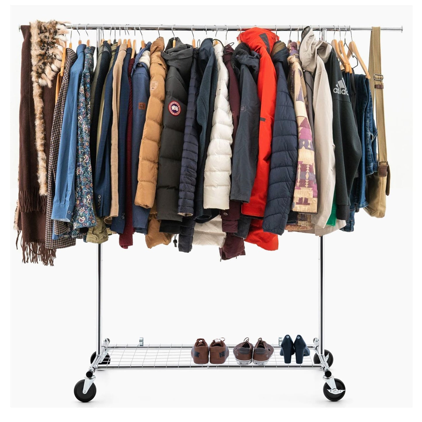 Collapsible Heavy-Duty Clothes Rail With Shelf, Adjustable Height, Holds Up to 100kg, Tatkraft Duncan, 2