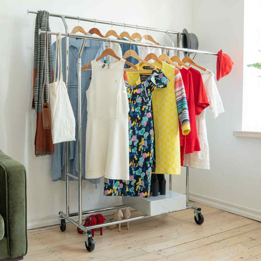 Heavy Duty Clothes Rail, Double, 242Lbs Load Capacity, Extendable Clothes Rail, Clothes Rail on Wheels, Tatkraft Denver, 1