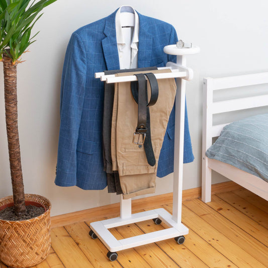 Valet Stand, Clothes Valet, 1 Clothes Hanger, 3 Trouser Rods, 1 Handy Storage Shelf, Wood, white, Tatkraft Graf, 2