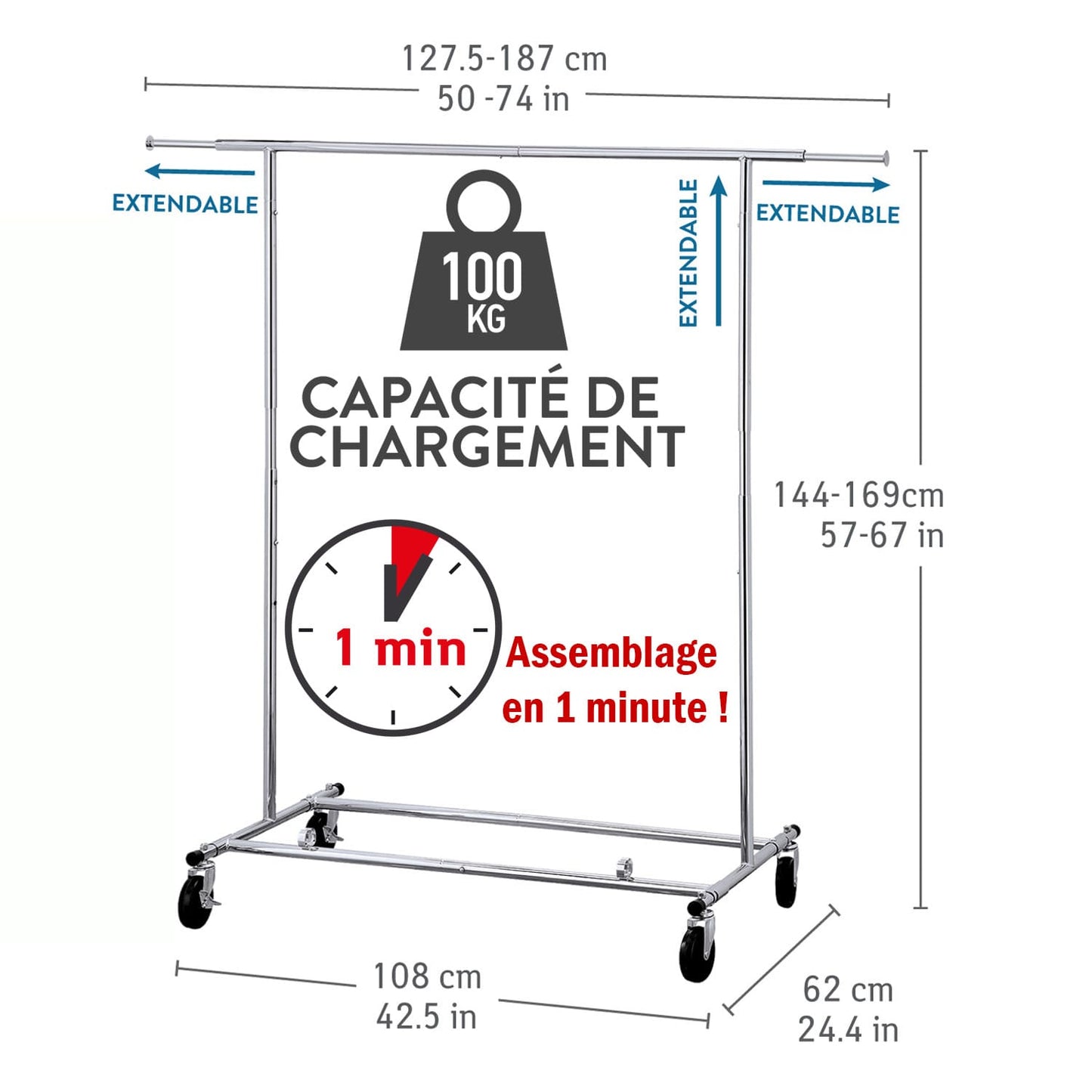 Portant Vêtement Solide 100 kg, Portant Vetement Professionnel, Portant Pliable, Portant a Roulette, Tatkraft Drogo, 5