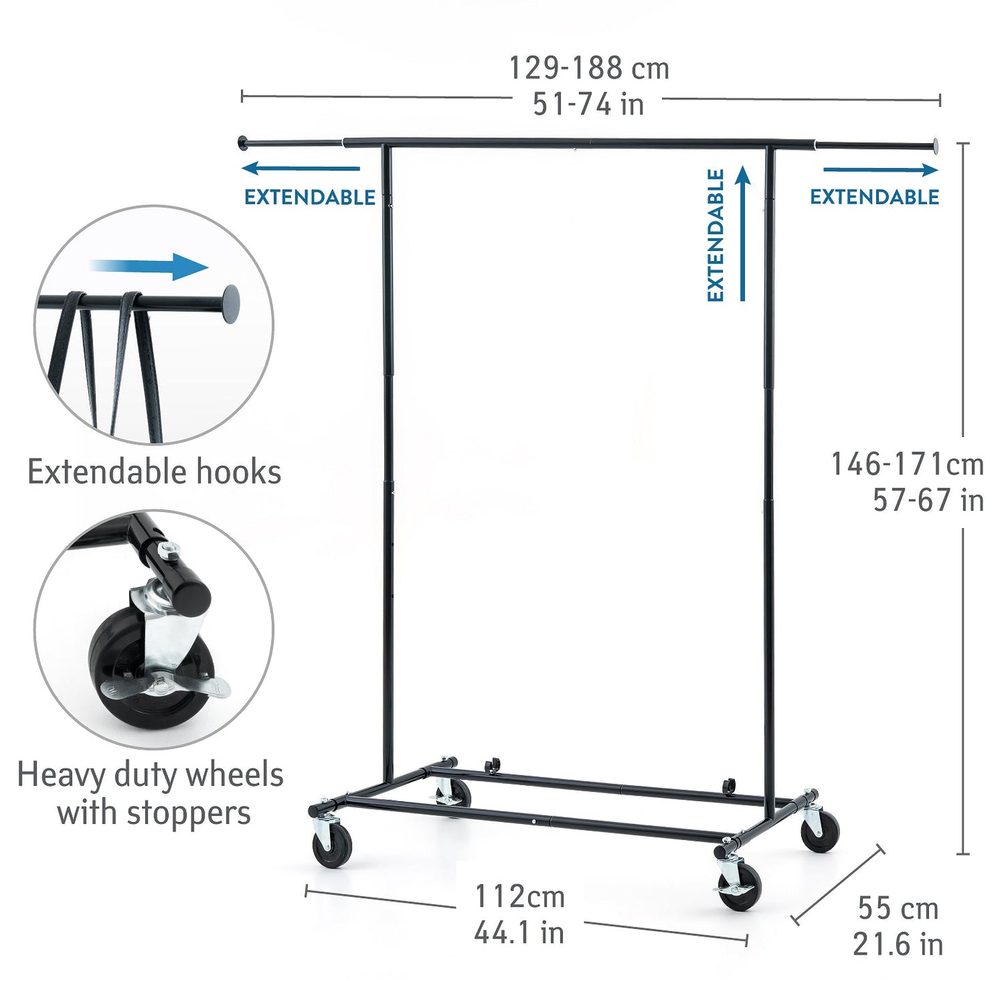 Penderie à vêtements Extensible sur Roulettes Noire, Peut Supporter Jusqu'à 70 kg, Tatkraft Derek, 1