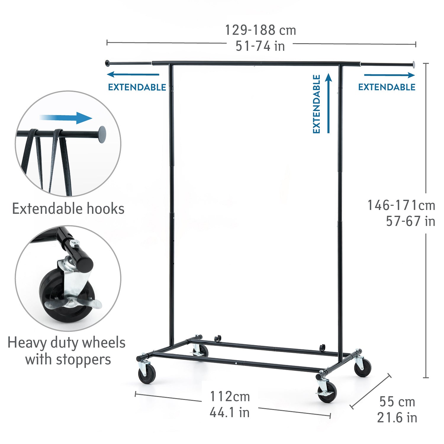 Penderie à vêtements Extensible sur Roulettes Noire, Peut Supporter Jusqu'à 70 kg, Tatkraft Derek, 1