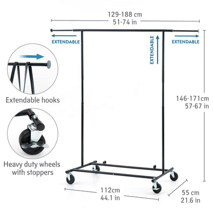 Penderie à vêtements Extensible sur Roulettes Noire, Peut Supporter Jusqu'à 70 kg, Tatkraft Derek, 1