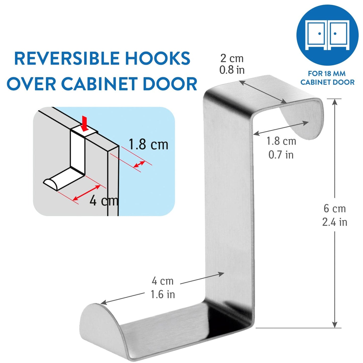 Tatkraft Seger 10 Crochets de Porte en Acier Inoxydable, Réversibles pour Porte Standart et Placard Armoire, Jusqu’à 5 kg, 1