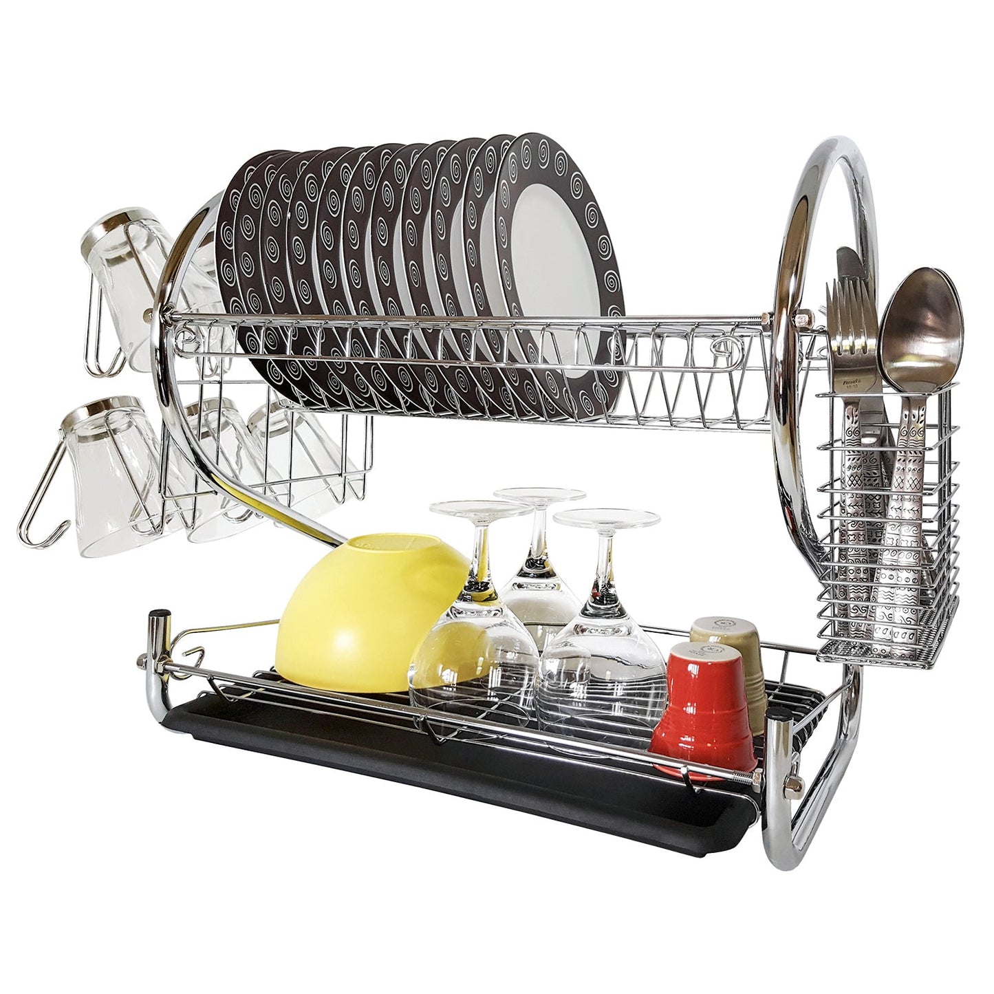 2 Tier Chromed Dish Drainer with Mug Holder and Cutlery Drainer, Tatkraft Helga