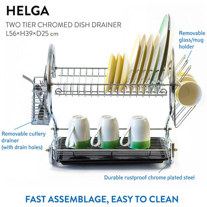 2 Tier Chromed Dish Drainer with Mug Holder and Cutlery Drainer, Tatkraft Helga, 3