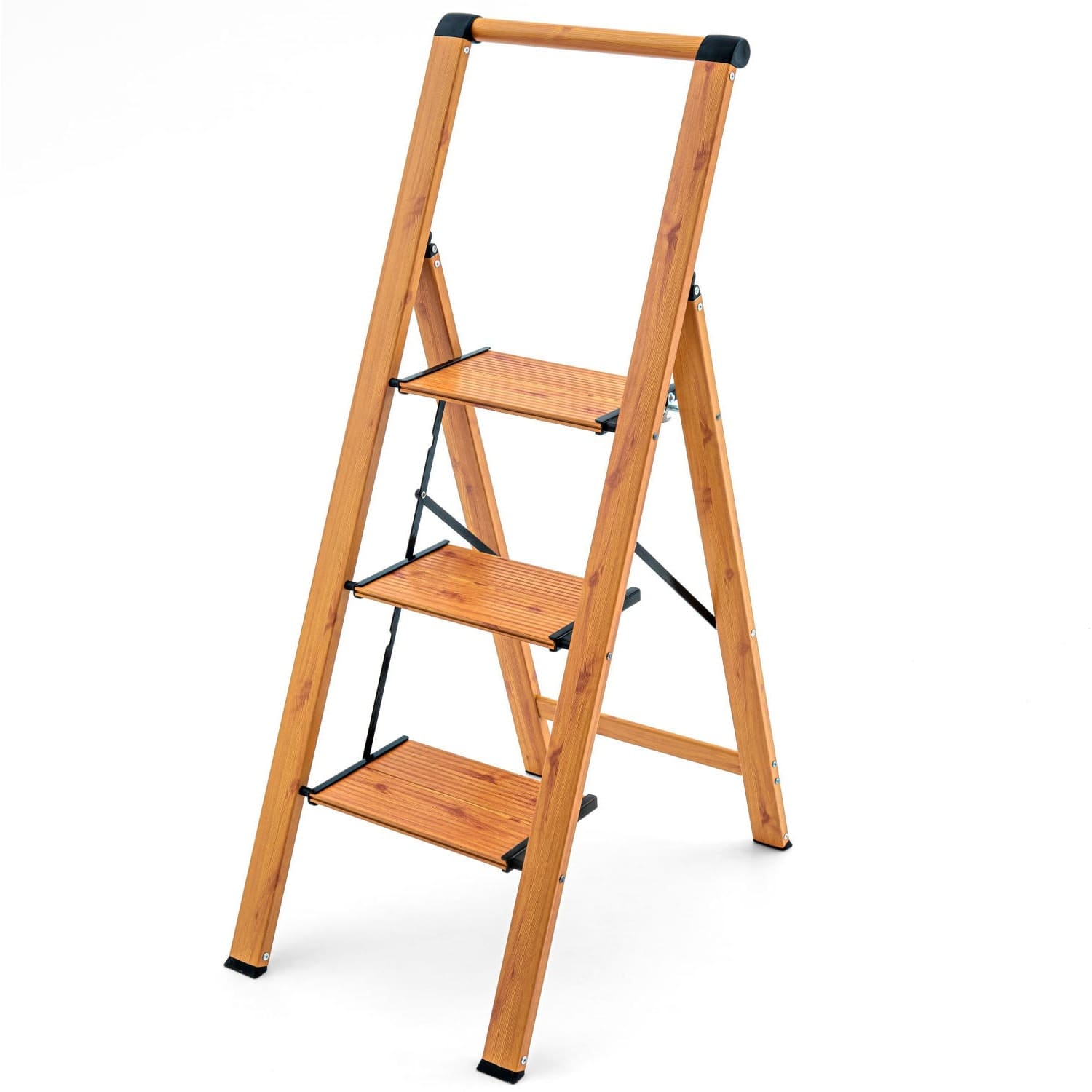 3 Step Ladder, Foldable Kitchen Step with Safety Handrail, Anti-Slip Steps, Holds up to 150kg, Aluminum, Oak Wood, Tatkraft Up