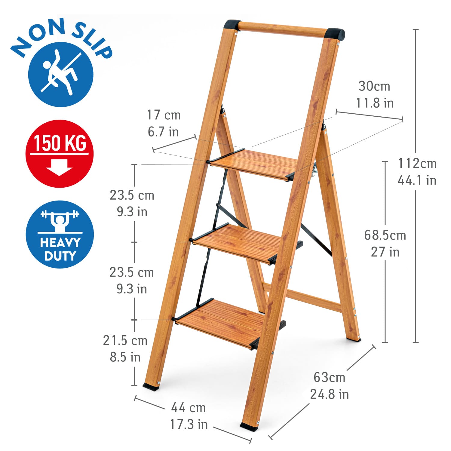 3 Step Ladder, Foldable Kitchen Step with Safety Handrail, Anti-Slip Steps, Holds up to 150kg, Aluminum, Oak Wood, Tatkraft Up, 2