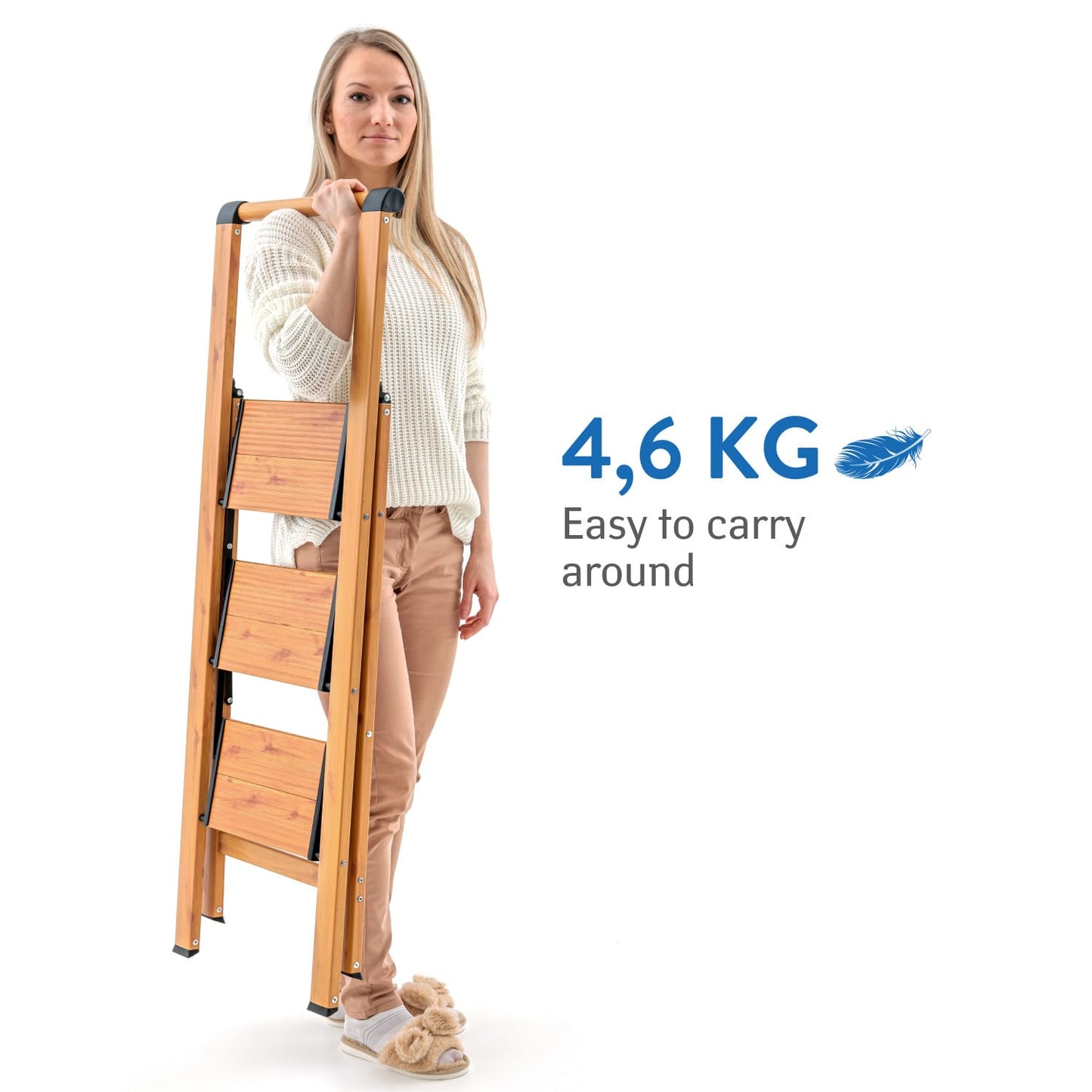 3 Step Ladder, Foldable Kitchen Step with Safety Handrail, Anti-Slip Steps, Holds up to 150kg, Aluminum, Oak Wood, Tatkraft Up, 1