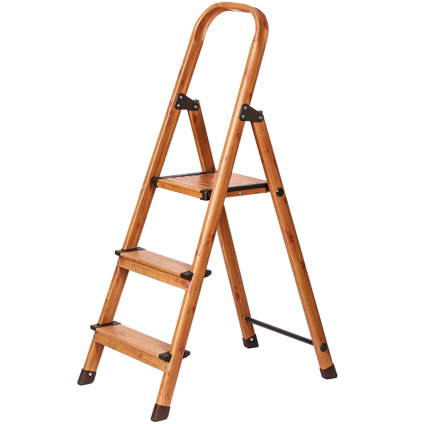 3 Step Ladder, Step Stool, Foldable Kitchen Step with Anti-Slip Steps Aluminium Scandinavian Wood Style, Tatkraft Upgrade 3