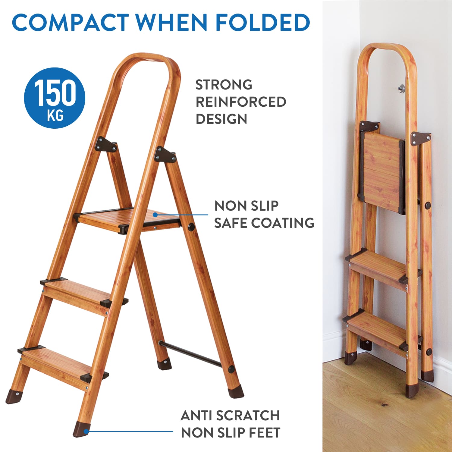 3 Step Ladder, Step Stool, Foldable Kitchen Step with Anti-Slip Steps Aluminium Scandinavian Wood Style, Tatkraft Upgrade 3, 4