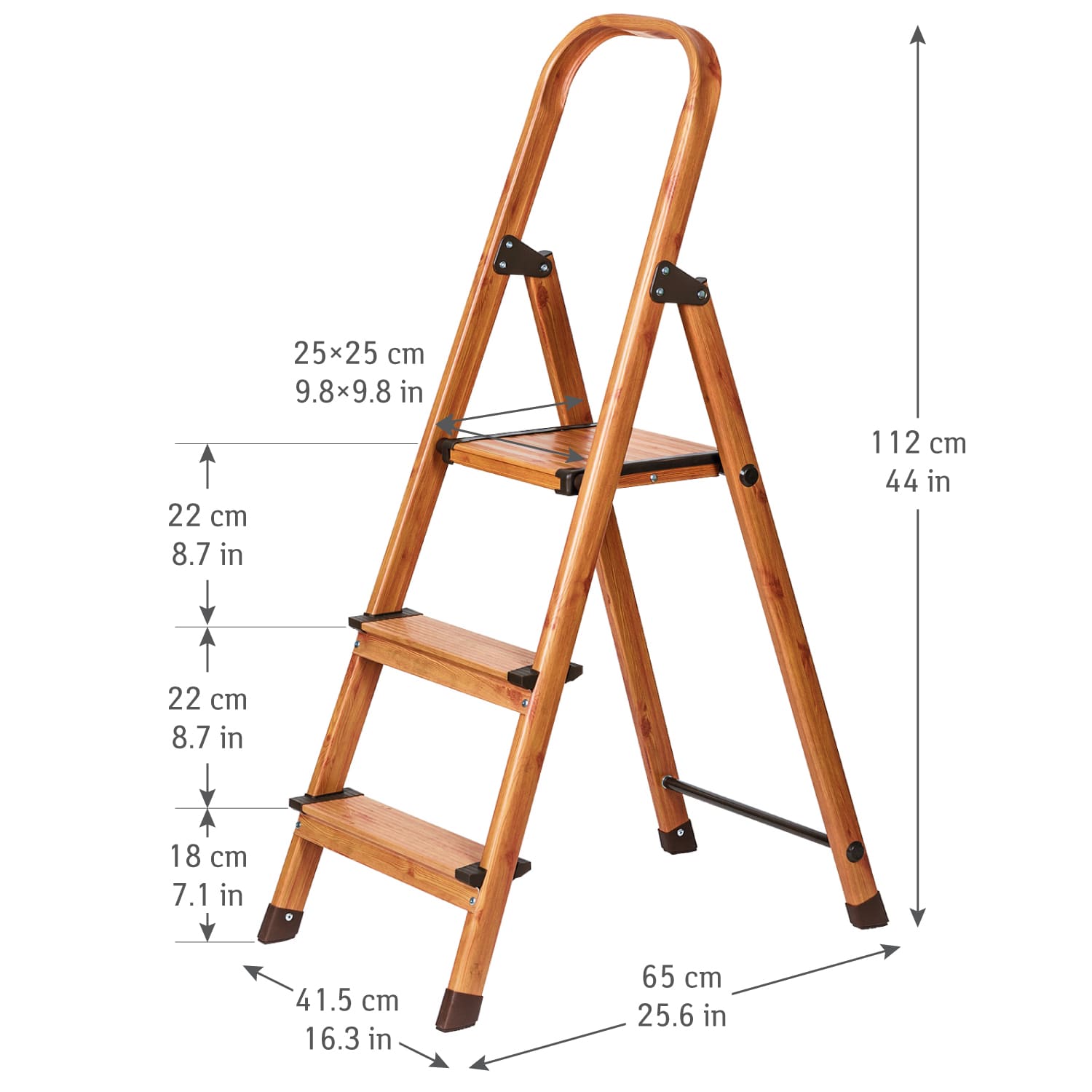 3 Step Ladder, Step Stool, Foldable Kitchen Step with Anti-Slip Steps Aluminium Scandinavian Wood Style, Tatkraft Upgrade 3, 9