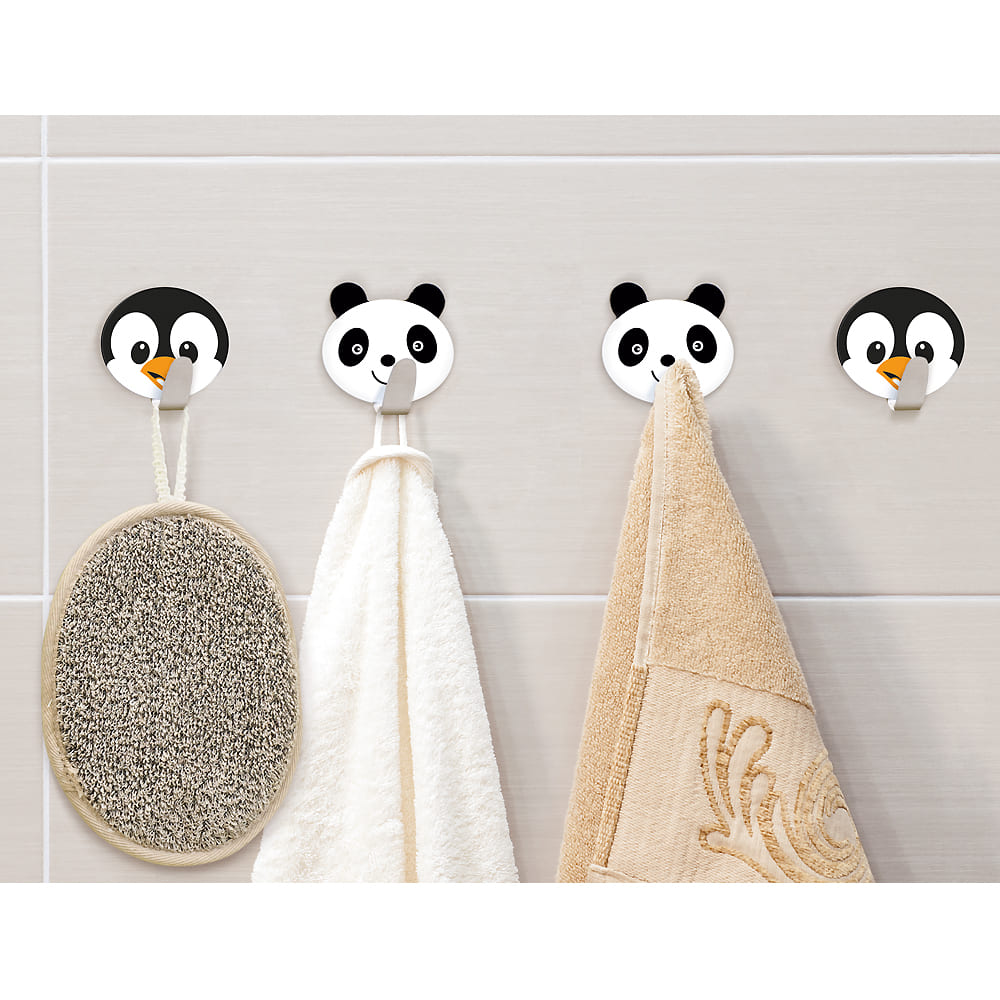 4 Pack Self Adhesive Hooks for Towels, Bathrobes, and Coats, Stainless Steel, 2 Pandas & 2 Penguins in the set, Tatkraft Friends, 3