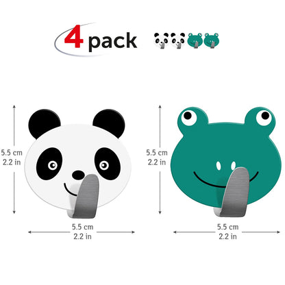 4 Pack Self Adhesive Hooks for Towels, Bathrobes, and Coats, Stainless Steel, 2 Pandas and 2 Frogs in the set, Tatkraft Team, 2