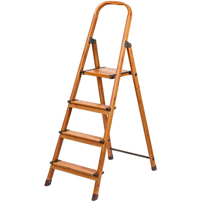 4 Step Ladder, Step Stool, Foldable Kitchen Step with Anti-Slip Steps Aluminium Scandinavian Wood Style, Tatkraft Upgrade