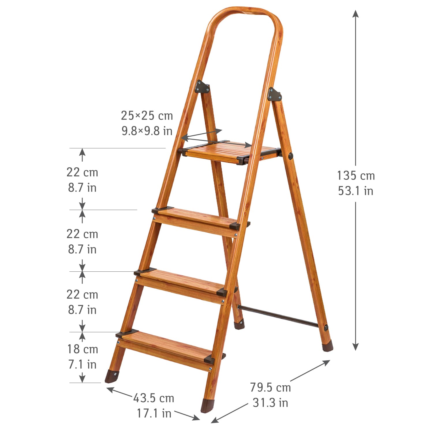 4 Step Ladder, Step Stool, Foldable Kitchen Step with Anti-Slip Steps Aluminium Scandinavian Wood Style, Tatkraft Upgrade, 5