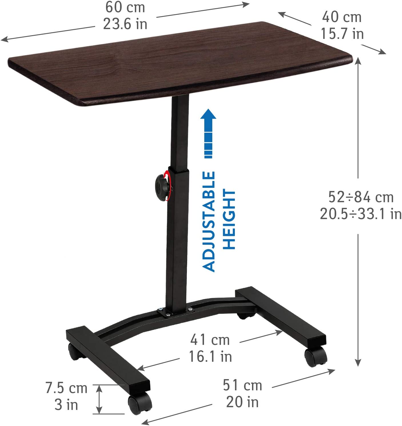 Scrivania porta pc, con 4 ruote, Dimensioni: 60X40 cm, H51,5-83 cm, Tatkraft Salute