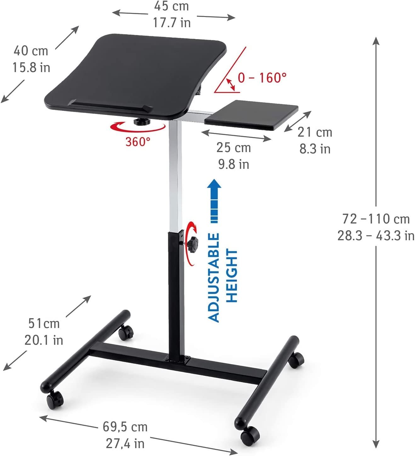 Tavolino porta pc su ruote, altezza regolabile, piattaforma per mouse, 69.5 X 51 X 72-110 cm