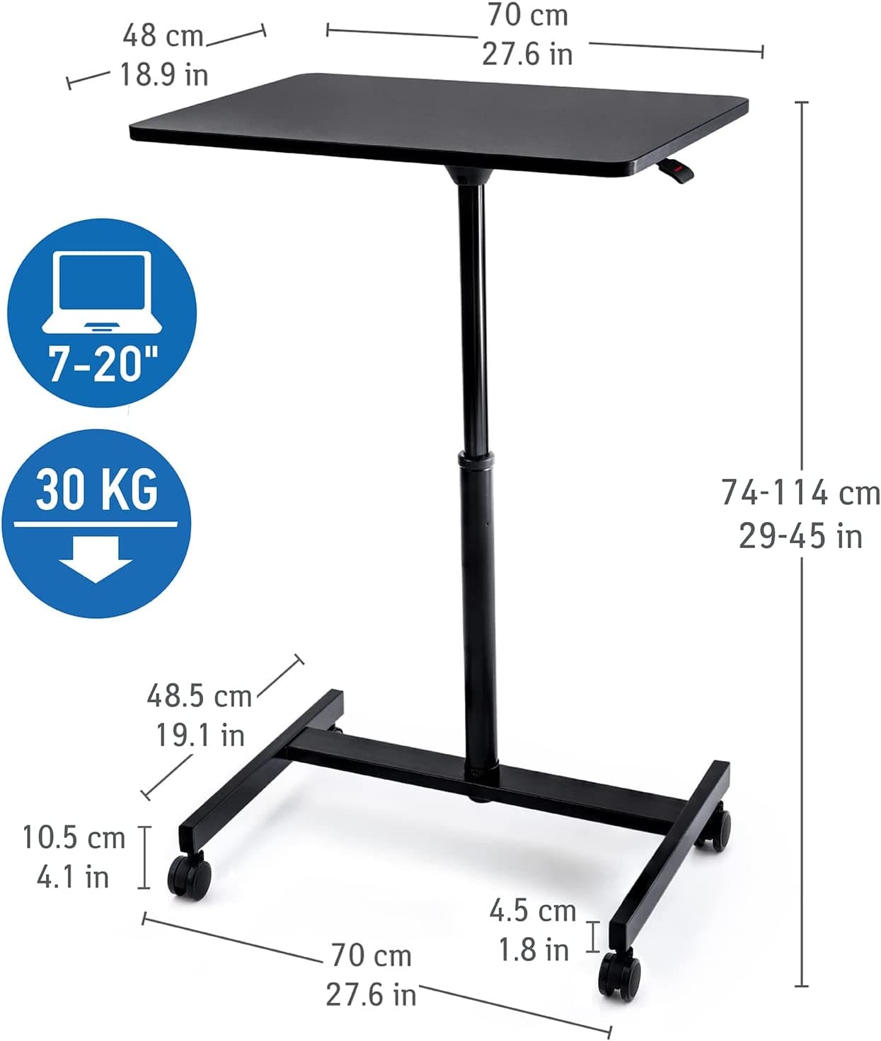 Mesa neumática ajustable: altura 74 - 114 cm. Robusta construcción, Ruedas giratorias, Tatkraft Focus