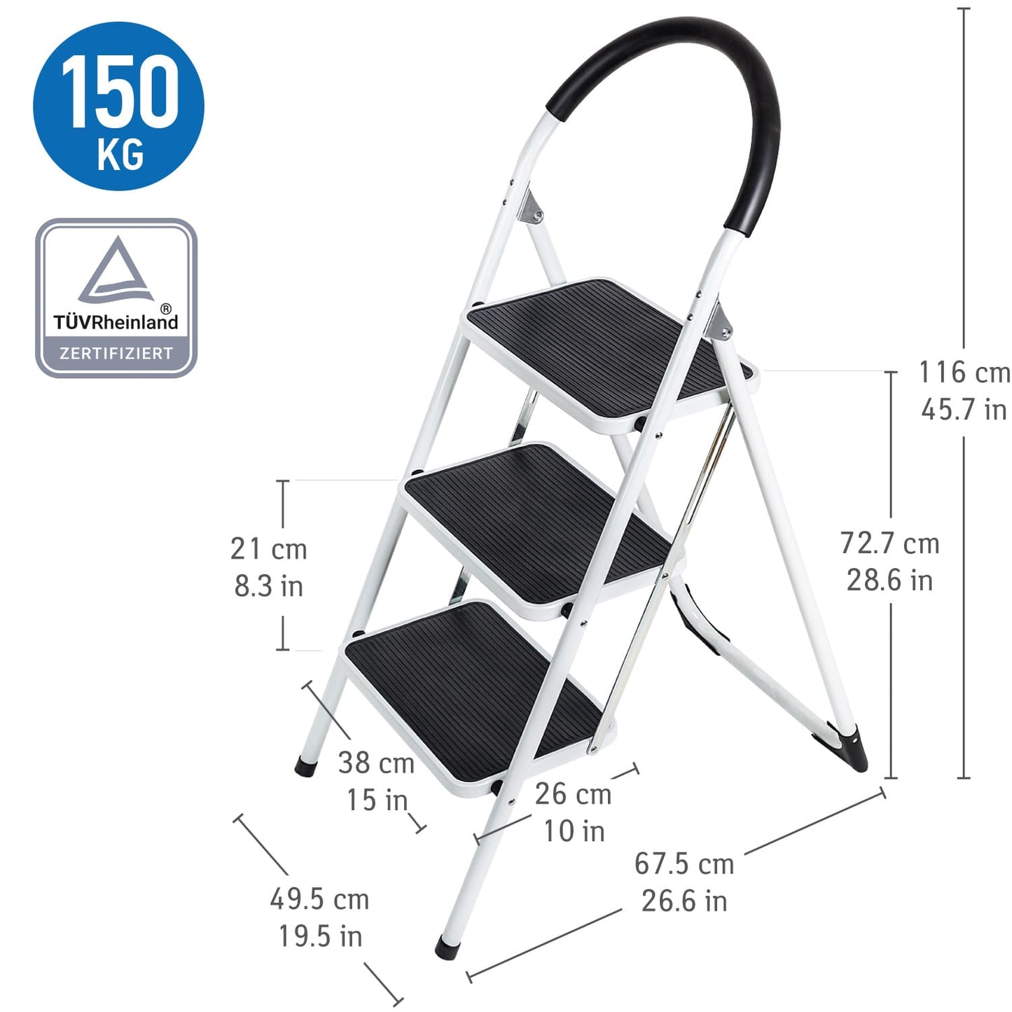 Trittleiter, Sicherheitsleiter 3 Stufen, Klappleiter 3 Stufen, Klappbar Stufenleiter, Bis 150 kg, B49.5xT67.5xH116 cm