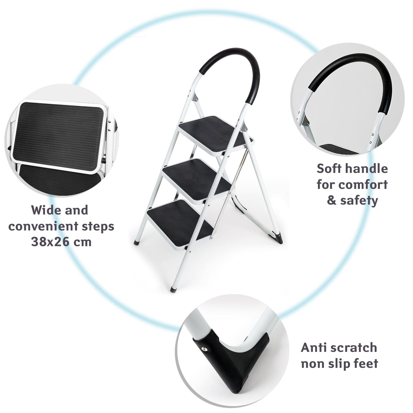 Scaletta 3 gradini, ampi gradini antiscivolo, 38X26 cm, maniglia alta e confortevole, piedini antiscivolo