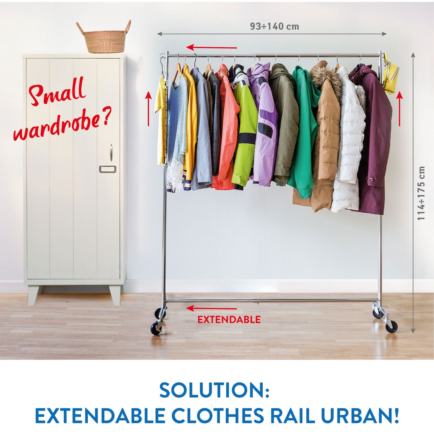 Adjustable Heavy-Duty Clothes Rail with Industrial Grade Locking Wheels, Tatkraft Urban, 2