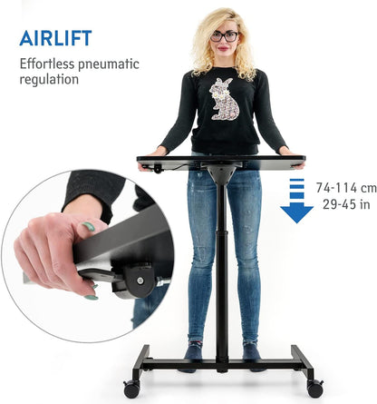 Airlift Pneumatic Sit-Stand Laptop Desk with Wheels, Adjustable Height 74 – 114 cm, Laptop Stand, Black, Tatkraft Focus, 2