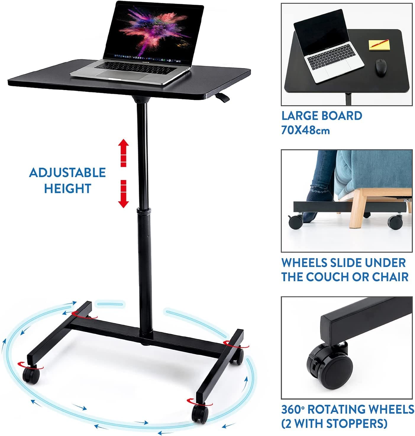 Airlift Pneumatic Sit-Stand Laptop Desk with Wheels, Adjustable Height 74 – 114 cm, Laptop Stand, Black, Tatkraft Focus, 5