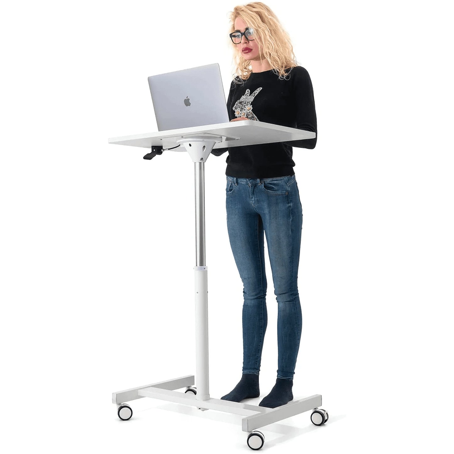 Airlift Pneumatic Sit-Stand Laptop Desk with Wheels, Adjustable Height 74-114 cm, Home Office Laptop Stand, White, Tatkraft Trend