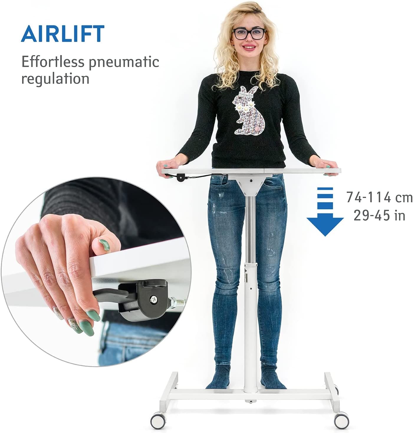 Airlift Pneumatic Sit-Stand Laptop Desk with Wheels, Adjustable Height 74-114 cm, Home Office Laptop Stand, White, Tatkraft Trend, 2