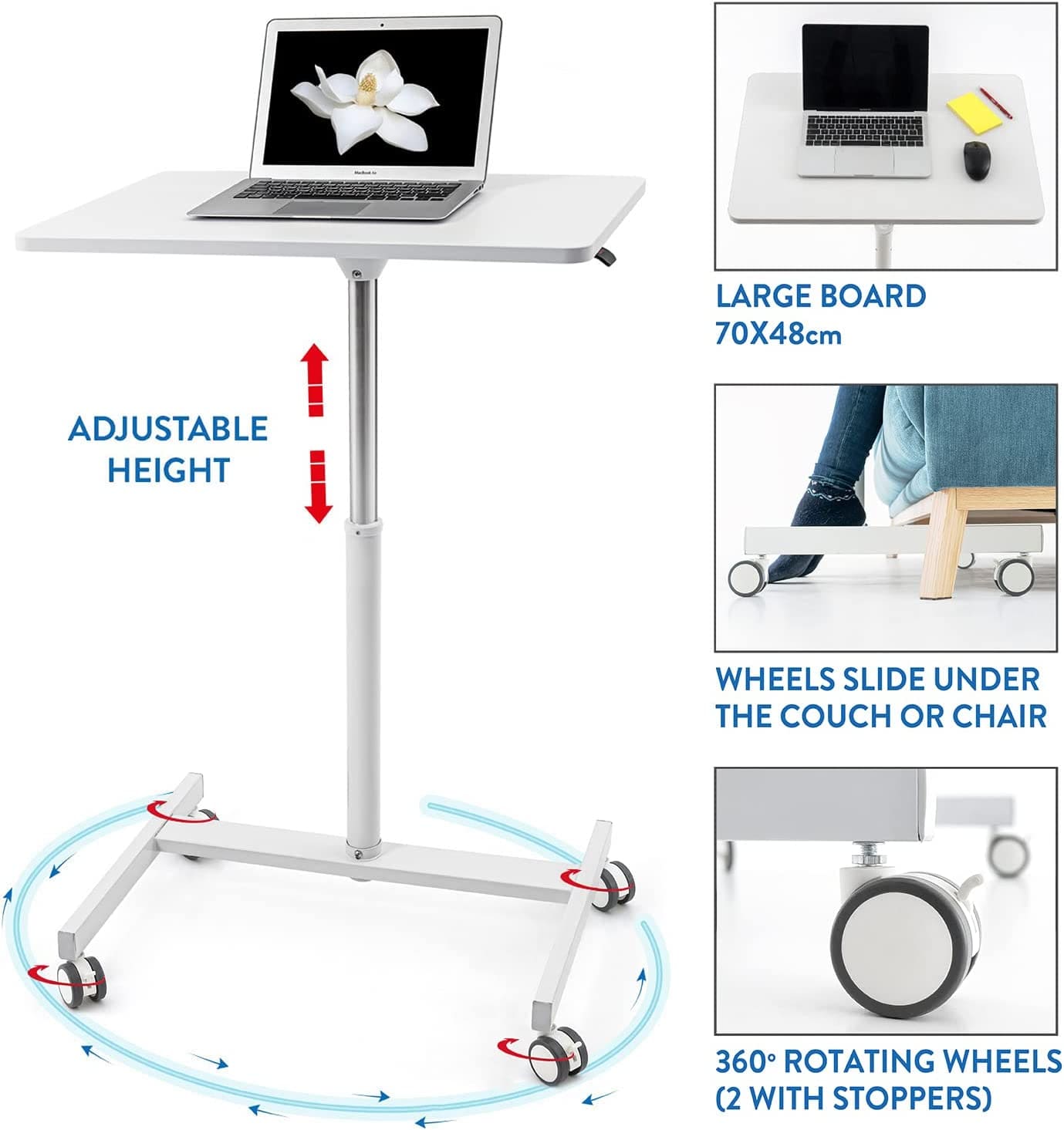 Airlift Pneumatic Sit-Stand Laptop Desk with Wheels, Adjustable Height 74-114 cm, Home Office Laptop Stand, White, Tatkraft Trend, 3