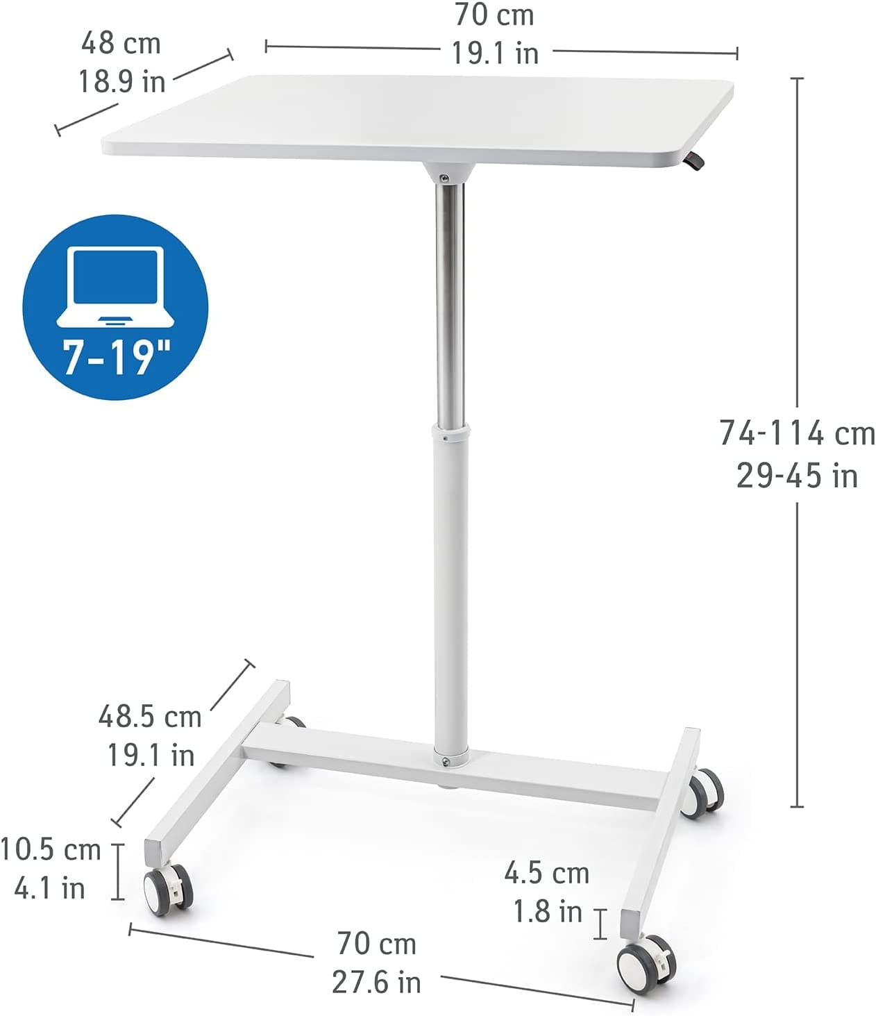 Airlift Pneumatic Sit-Stand Laptop Desk with Wheels, Adjustable Height 74-114 cm, Home Office Laptop Stand, White, Tatkraft Trend, 5