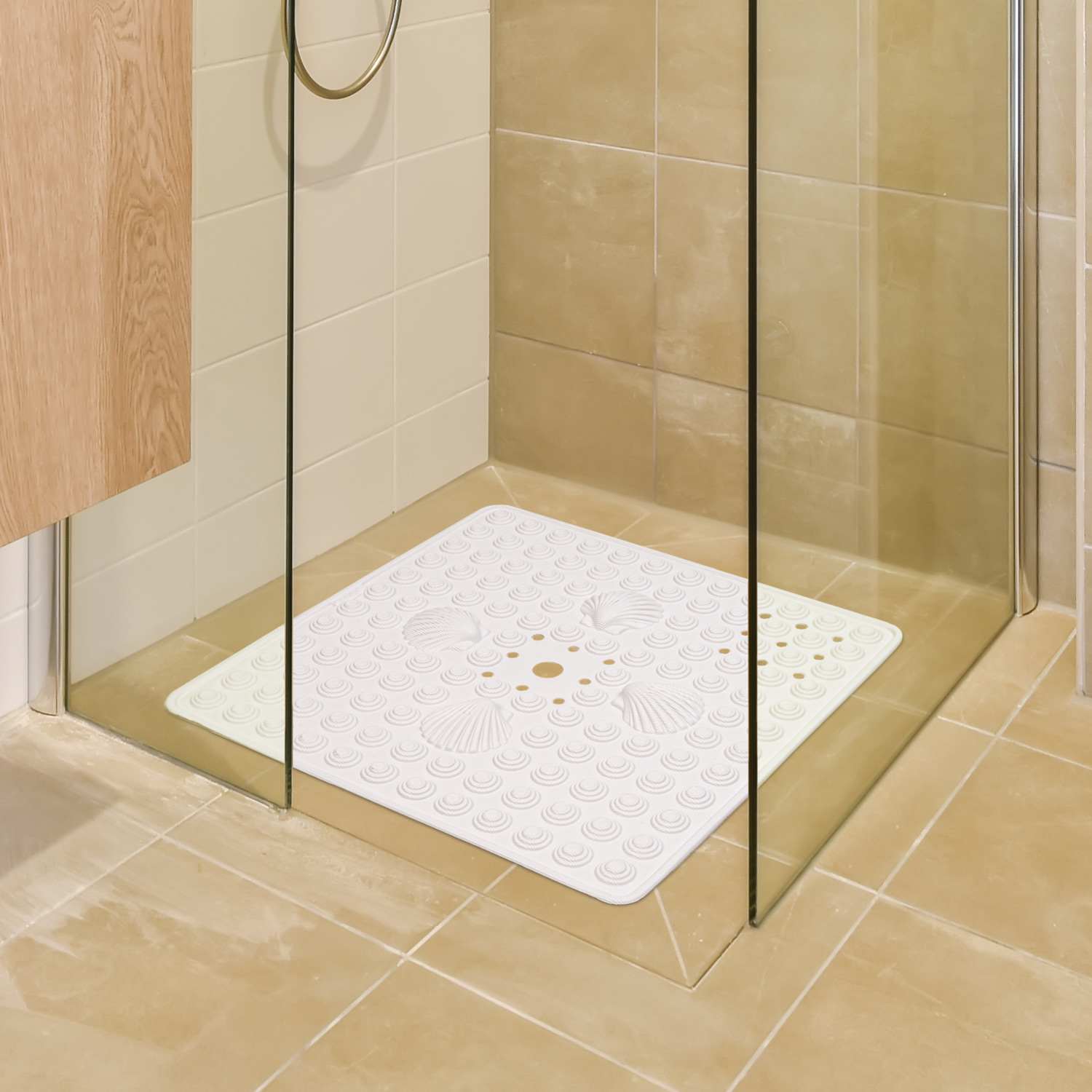 Alfombra de Ducha Antideslizante, 48x48cm, fabricada en Italia, Color Blanco, Tatkraft Shell