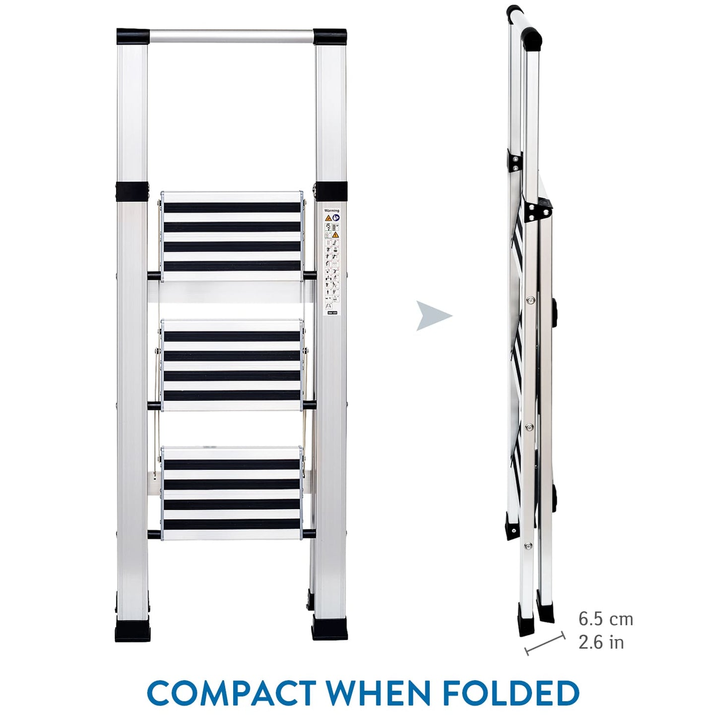 Aluminium 3 Step Folding Ladder, Anti-Slip Steps and Feet, Holds Up to 150 kg, Tatkraft Adamant, 2