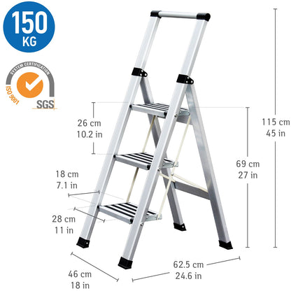 Aluminium 3 Step Folding Ladder, Anti-Slip Steps and Feet, Holds Up to 150 kg, Tatkraft Adamant, 3