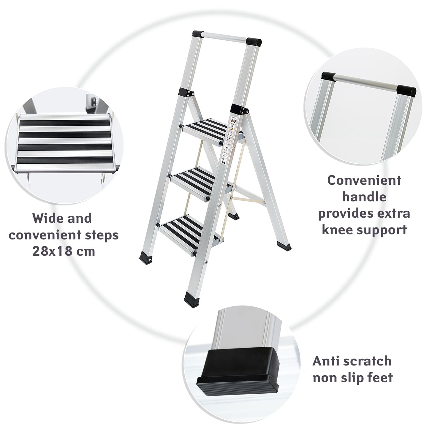 Aluminium 3 Step Folding Ladder, Anti-Slip Steps and Feet, Holds Up to 150 kg, Tatkraft Adamant, 4