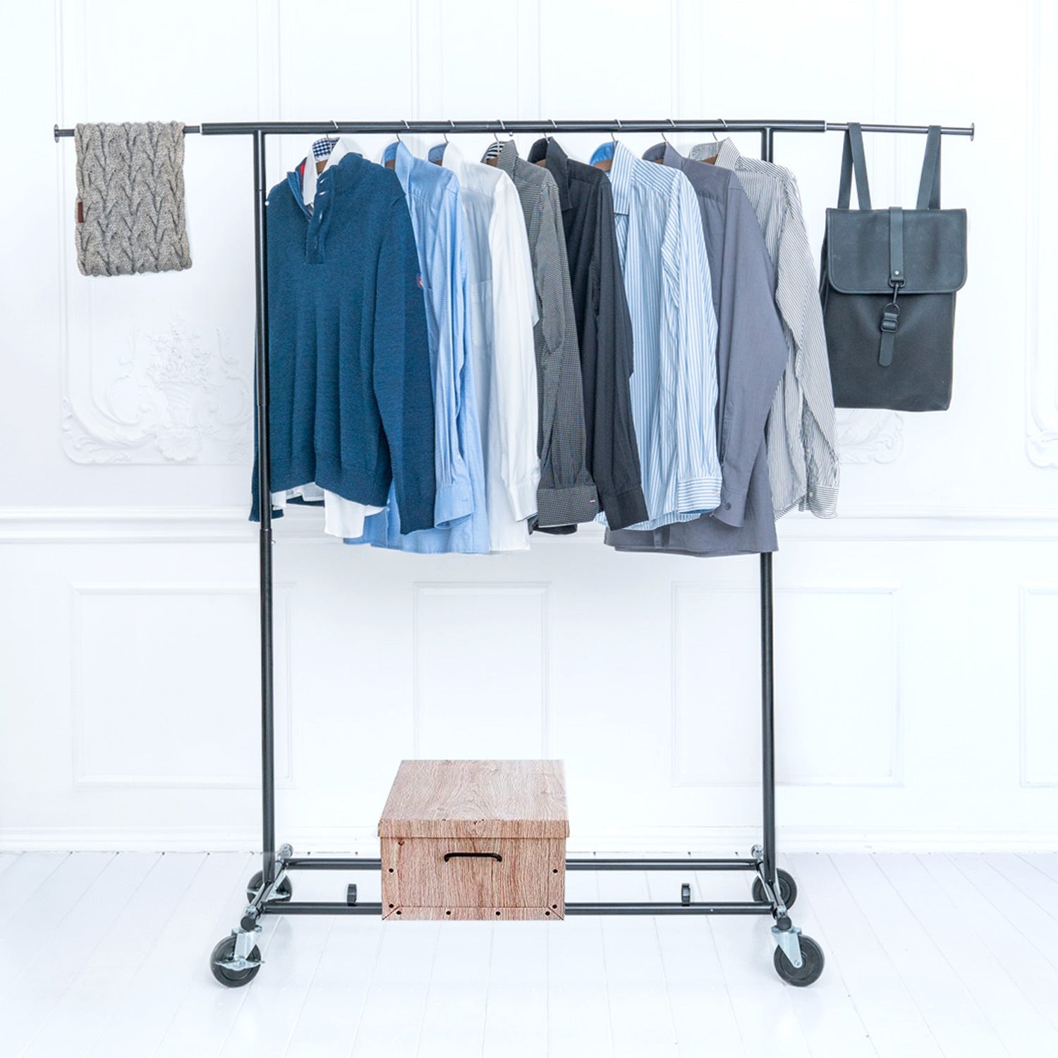 Extendable Clothes Rail, Heavy Duty, Holds Up to 70kg, Collapsible Clothes Rack on Wheels, Tatkraft Derek, 1