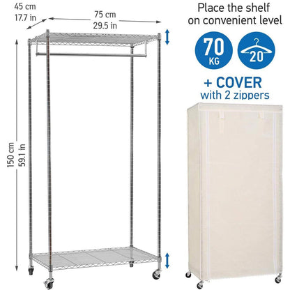 Heavy Duty Premium Clothes Rail on Wheels with 2 Extra Storage Shelves Chromed Steel Fabric Cover, art moon Buffalo, 1