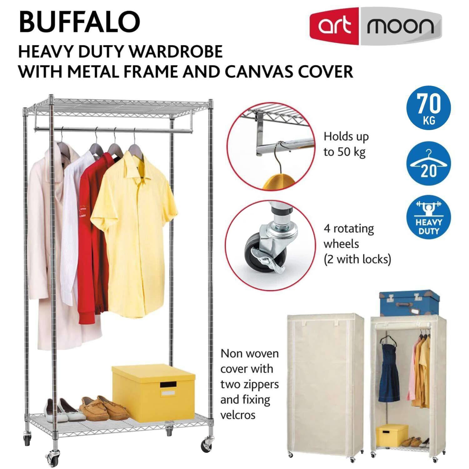 Heavy Duty Premium Clothes Rail on Wheels with 2 Extra Storage Shelves Chromed Steel Fabric Cover, art moon Buffalo, 2