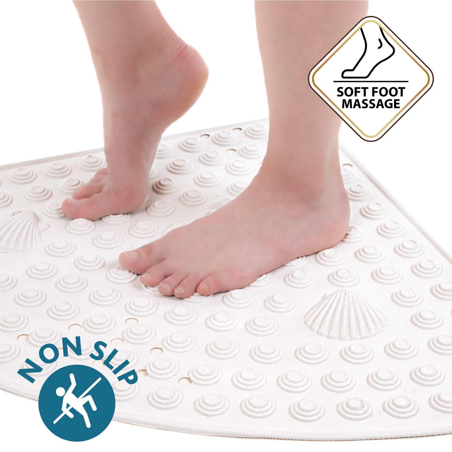 Corner Shower Mat, 58 x 58 cm, Curved Non Slip Shower Mat, Made in Italy, Mildewproof PVC, White, Tatkraft Shell, 3