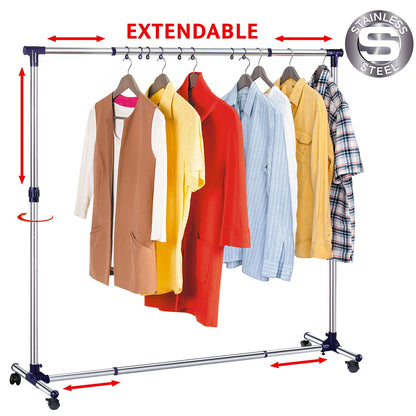 Extendable Stainless Steel Clothes Rail with Wheels Strong Base, Tatkraft New York, 1