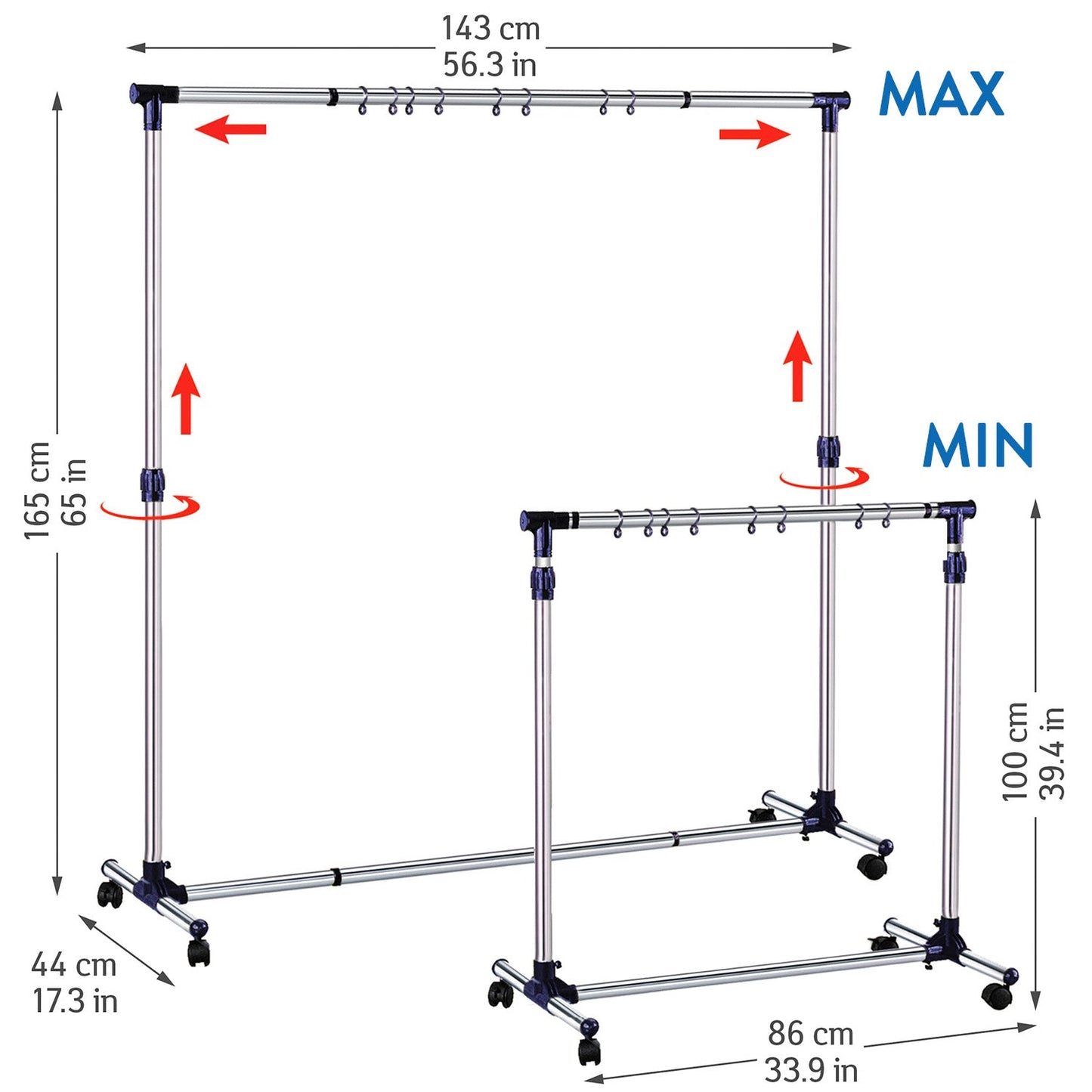 Extendable Stainless Steel Clothes Rail with Wheels Strong Base, Tatkraft New York, 2