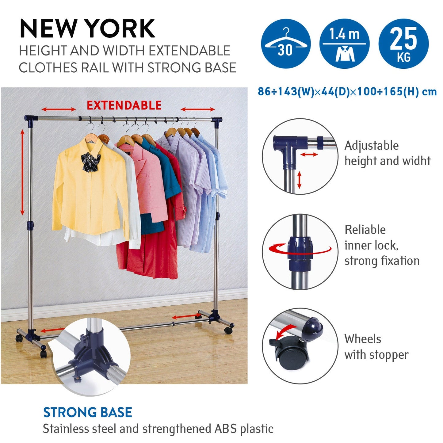 Extendable Stainless Steel Clothes Rail with Wheels Strong Base, Tatkraft New York, 3