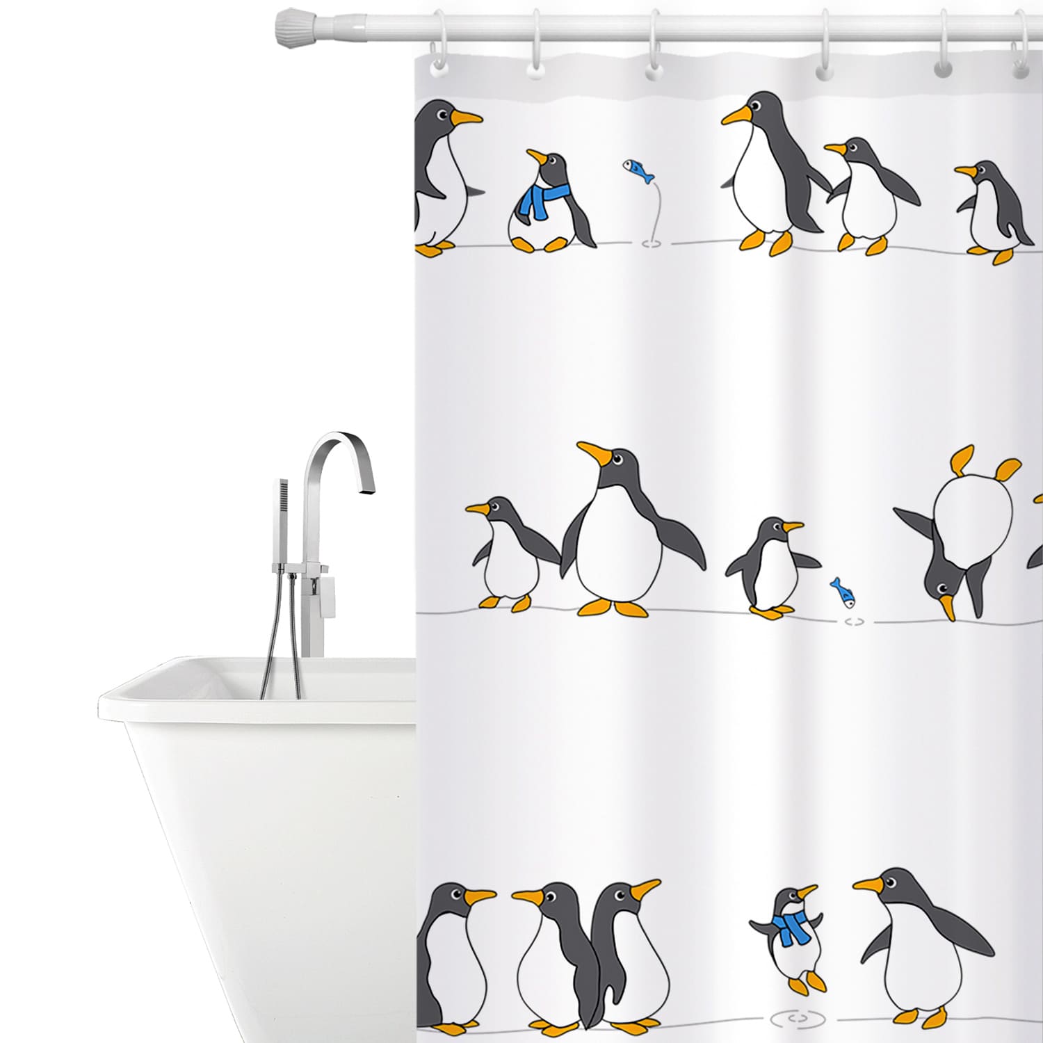 Fabric Shower Curtain Mildew-free Waterproof 180x180cm 12 shower Rings Included Penguins Custom Design, Tatkraft Penguins