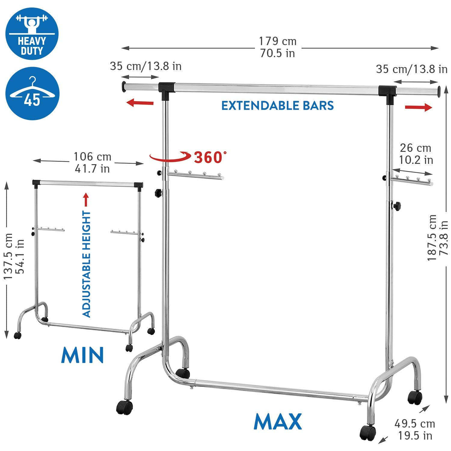 Portant Robuste pour Vêtements en Acier, Penderie sur 4 Roues, Réglable en Largeur et Hauteur, 45 cintres, Tatkraft Falcon, 2