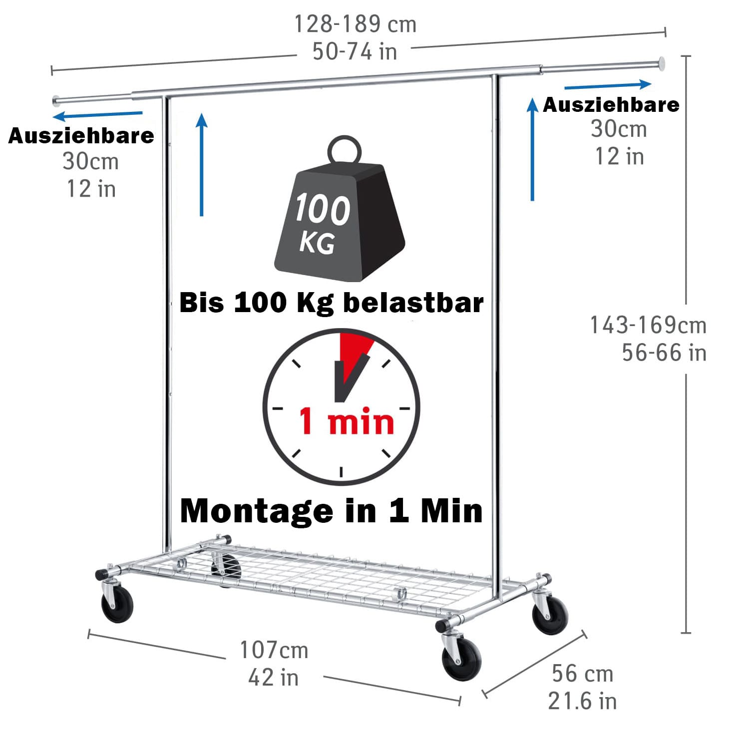 Collapsible Heavy-Duty Clothes Rail With Shelf, Adjustable Height, Holds Up to 100kg, Tatkraft Duncan, 1